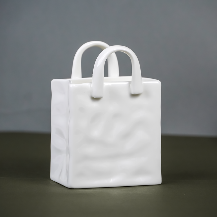 White Ceramic Bag Vase with Textured Design