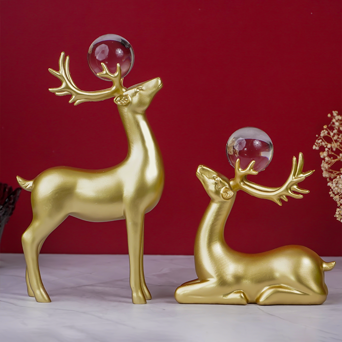 Gold Deer Sculptures with Crystal Balls