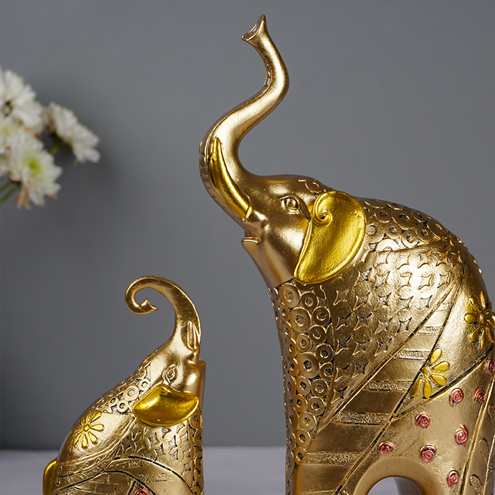 Gold Elephant Statues with Floral Accents - Set of Two