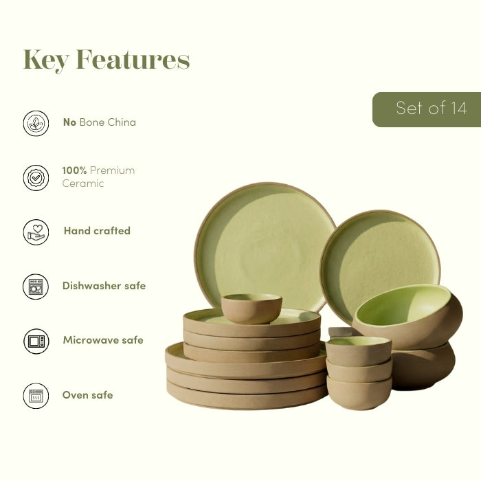 Light Green & Rust Ceramic Dinner Set of 14