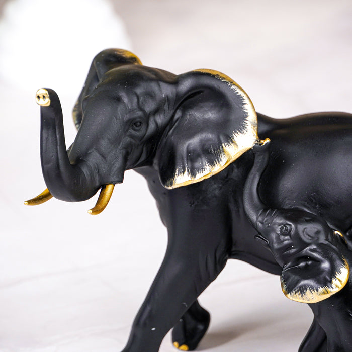 Black Elephant Figurine Set with Gold Accents