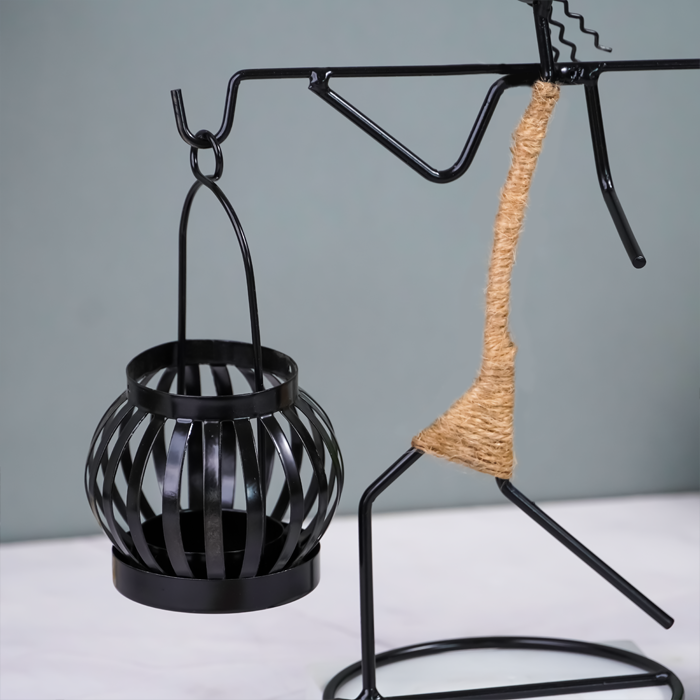 Black Metal Balance Sculpture with Rope Detail - Unique Lantern Design