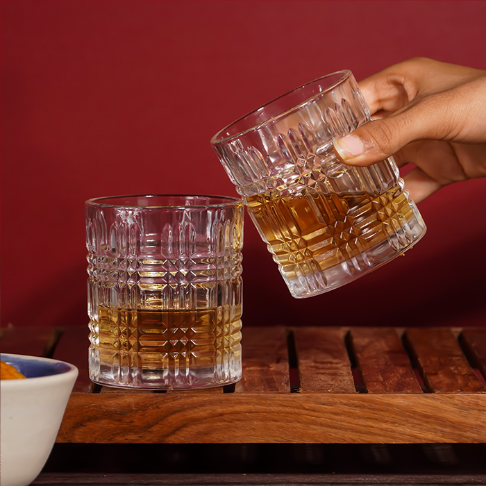 Clear Grid Pattern Design Whiskey Glasses - Set of 6