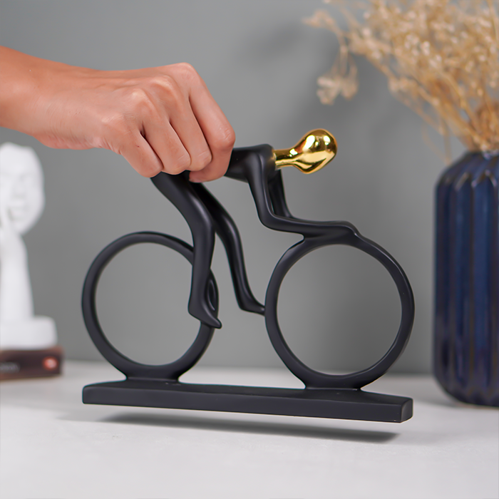 Matte Black Cyclist Sculpture with Gold Head - Modern Sports Art Décor