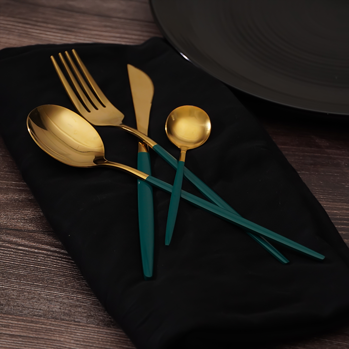 Gold and Teal Stainless Steel Cutlery Set of 4