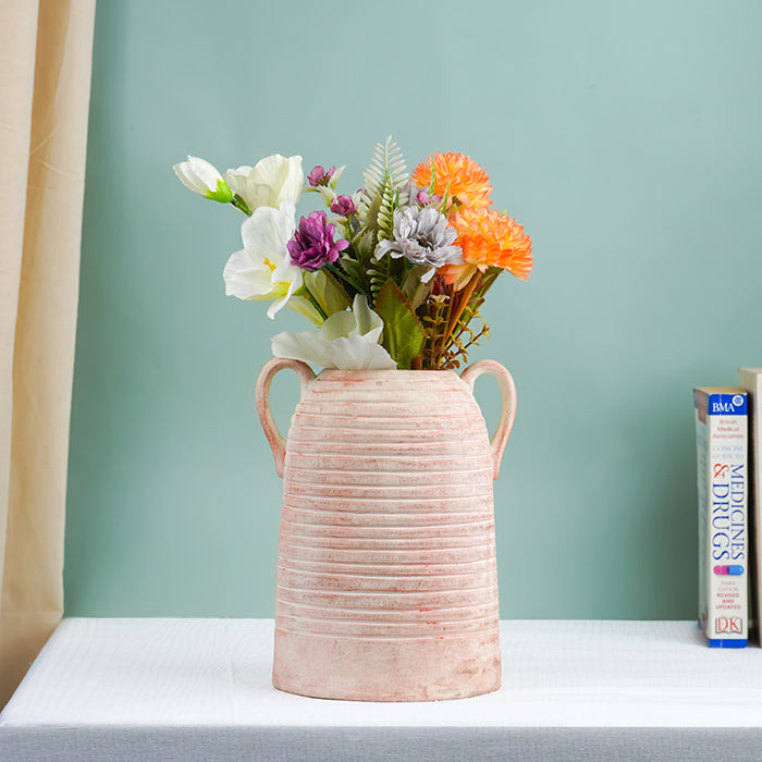 Terracotta Ribbed Handled Vase in Blush Pink