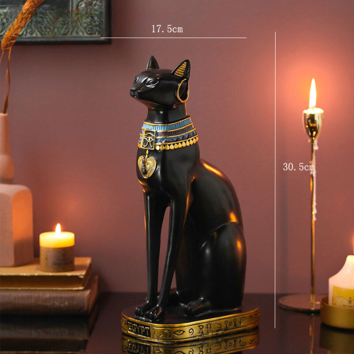 Black Egyptian Cat Statue with Golden Jewelry and Colorful Collar