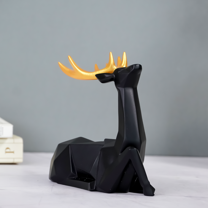 Black Geometric Deer Figurine with Gold Antlers