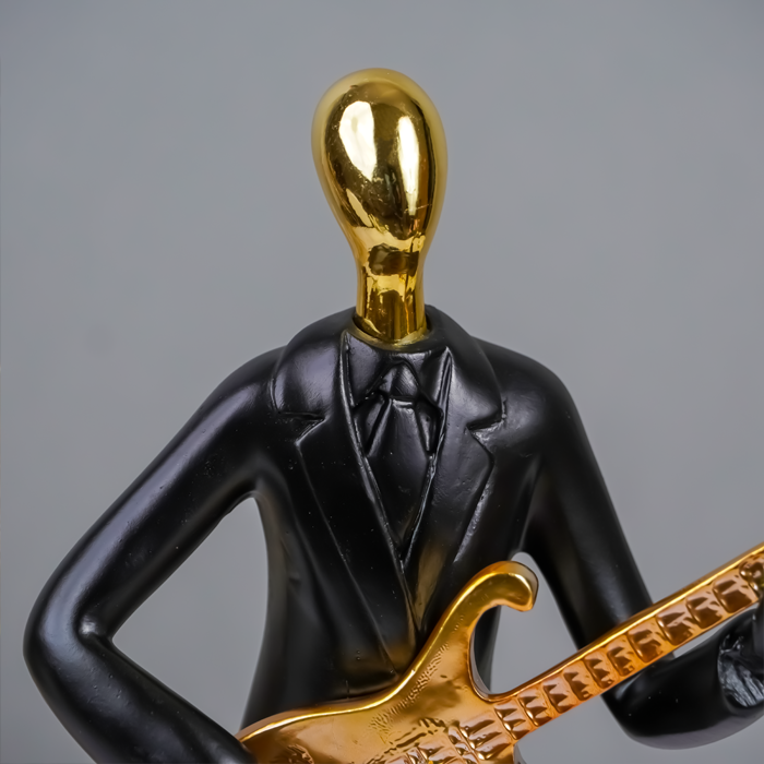 Black and Gold Musician Sculpture with Guitar - Modern Art Decor