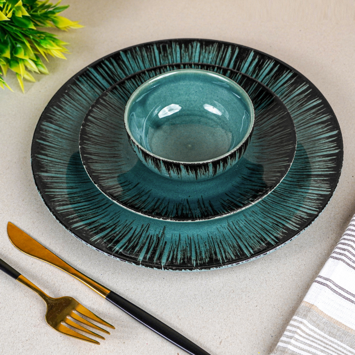 Ceramic Dinnerware Set with Black Tree Motif - Set of 3