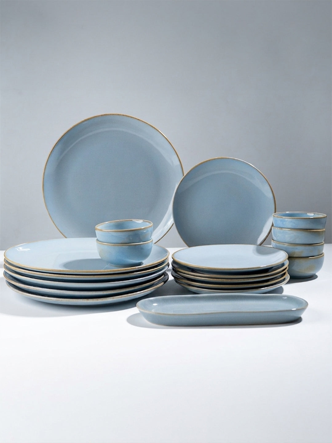 Light Blue Ceramic Dinner Set with Rustic Gold Rim Finish - Set of 19 Main image