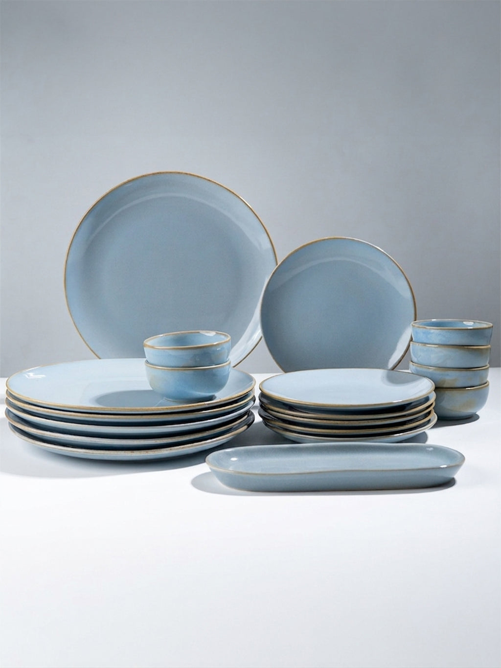 Light Blue Ceramic Dinner Set with Rustic Gold Rim Finish - Set of 19