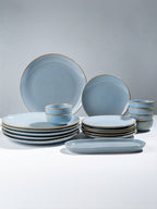 Light Blue Ceramic Dinner Set with Rustic Gold Rim Finish - Set of 19