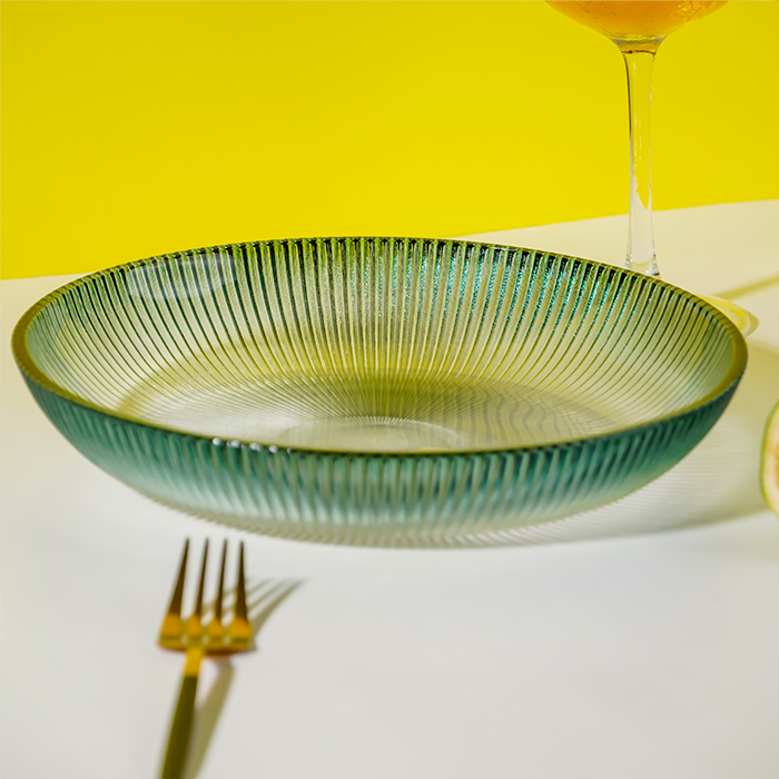 Teal Green Fluted Glass Bowl - Ribbed Texture Serving Dish