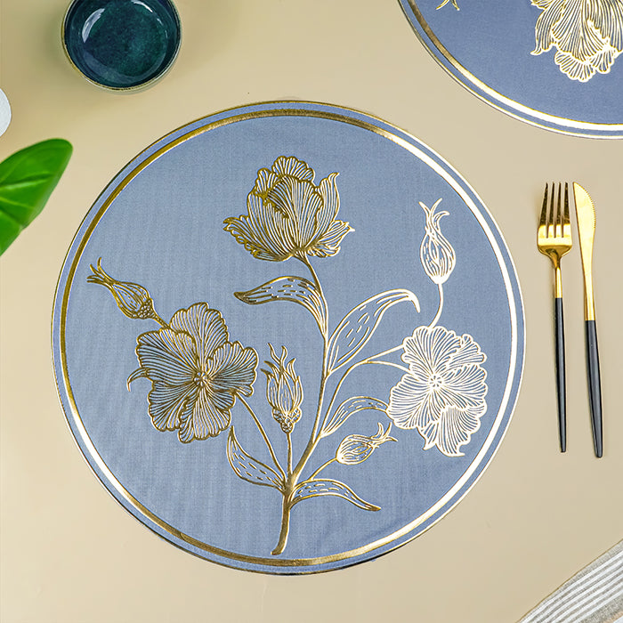 Blue Round Table Mat with Gold Floral Embossed Design