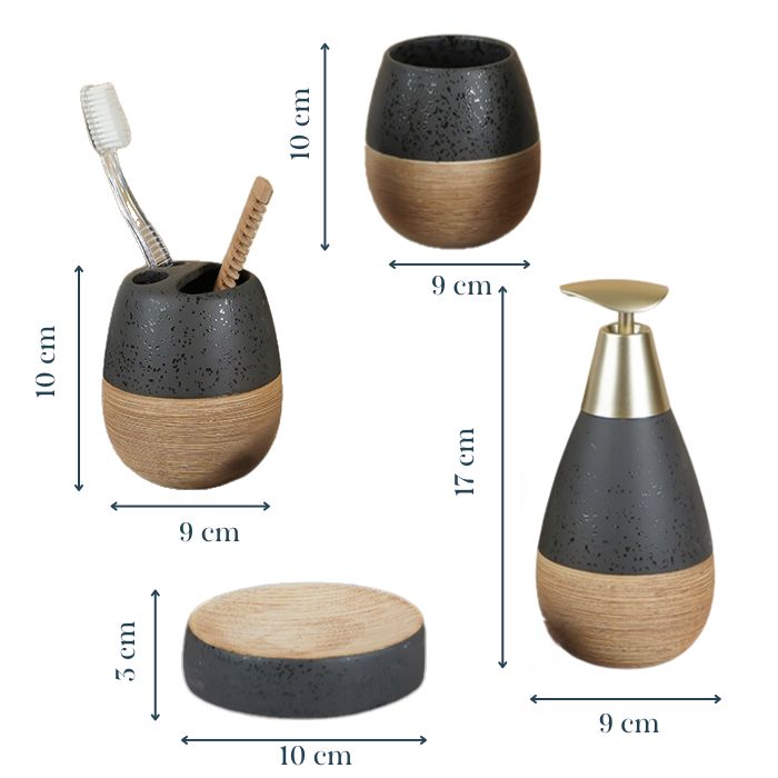 Matte Black and Wood Textured Bathroom Accessory Set