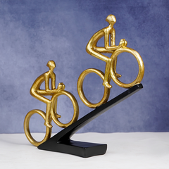 Gold Cyclist Sculpture - Dual Cyclists on Black Base