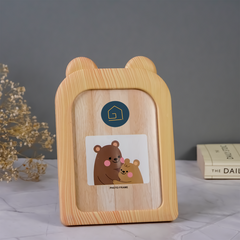 Natural Wood Photo Frame with Bear Ears Design