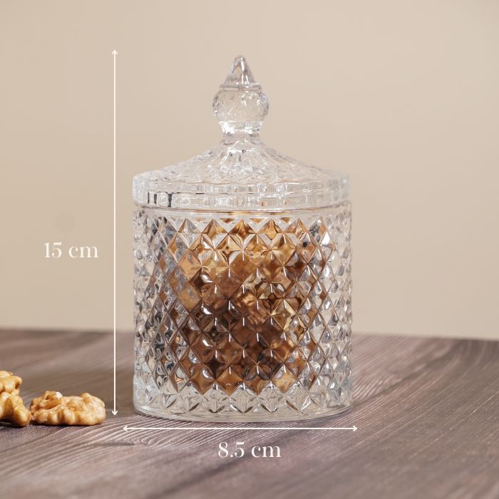 Crystal-Cut Glass Storage Jar with Lid - Diamond Patterned Clear Container