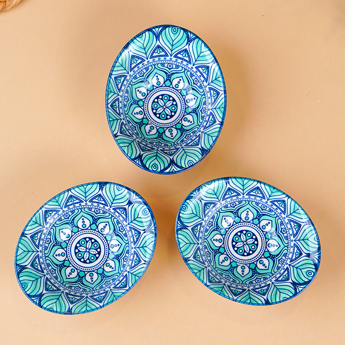 Blue & Teal Lotus Long Ceramic Bowls Set of 3