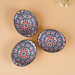 Black & Red Floral Long Ceramic Bowls Set of 3