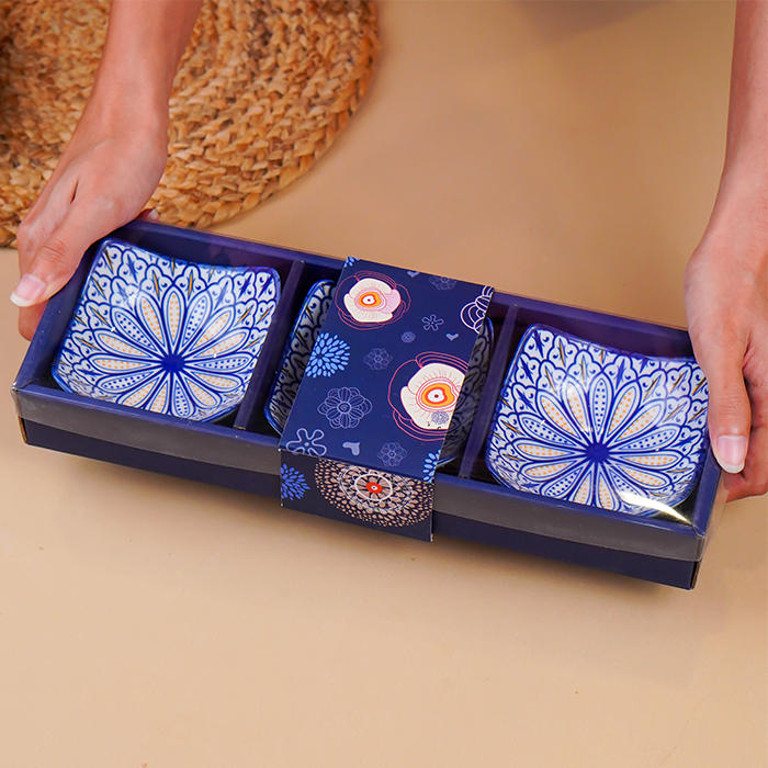 Blue & Yellow Petal-Design Square Ceramic Bowls Set of 3