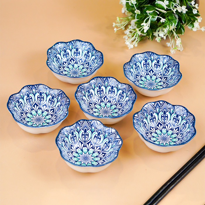 Blue Scallop-Edge Ceramic Bowls Set of 6