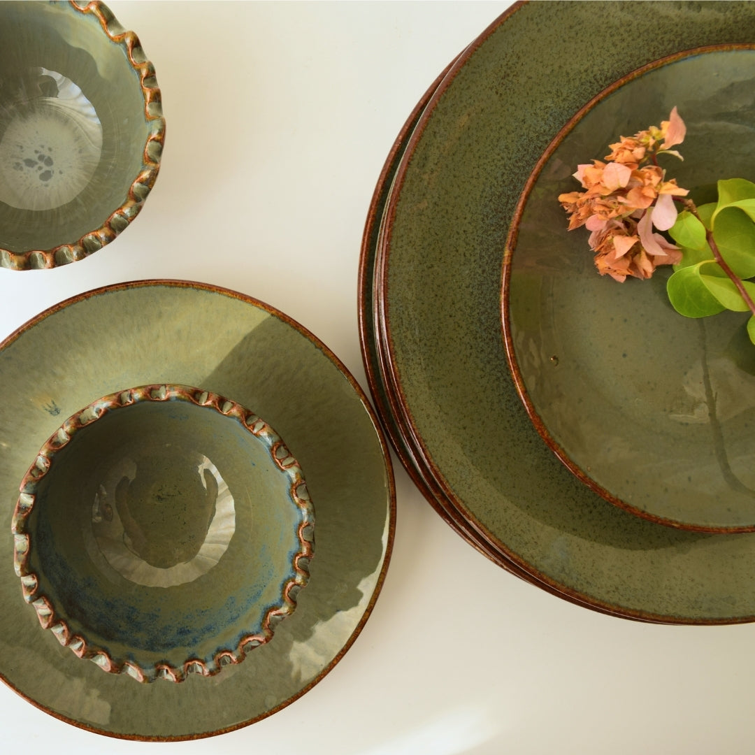 Rustic Olive Green Dinner Set - Set of 18