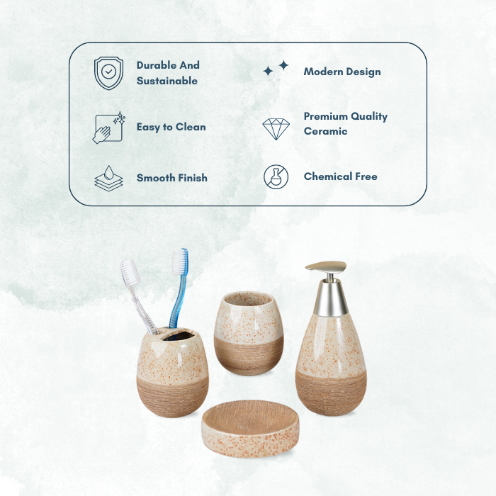 Speckled Cream and Wood Bathroom Set – Cozy Ceramic Bath Accessories