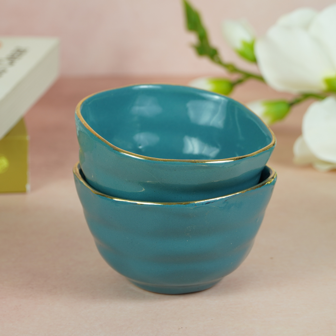 Small Blue Palette Bowl with Golden Border | Set of 2