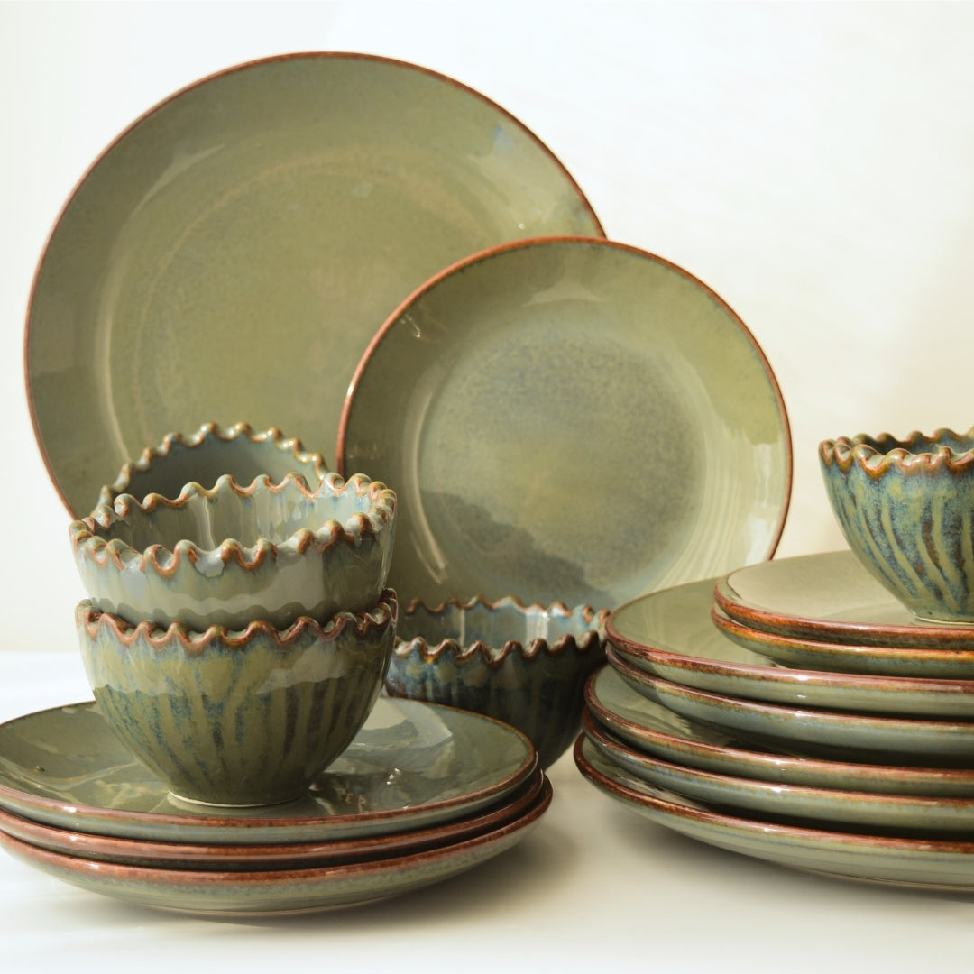 Rustic Olive Green Dinner Set - Set of 18