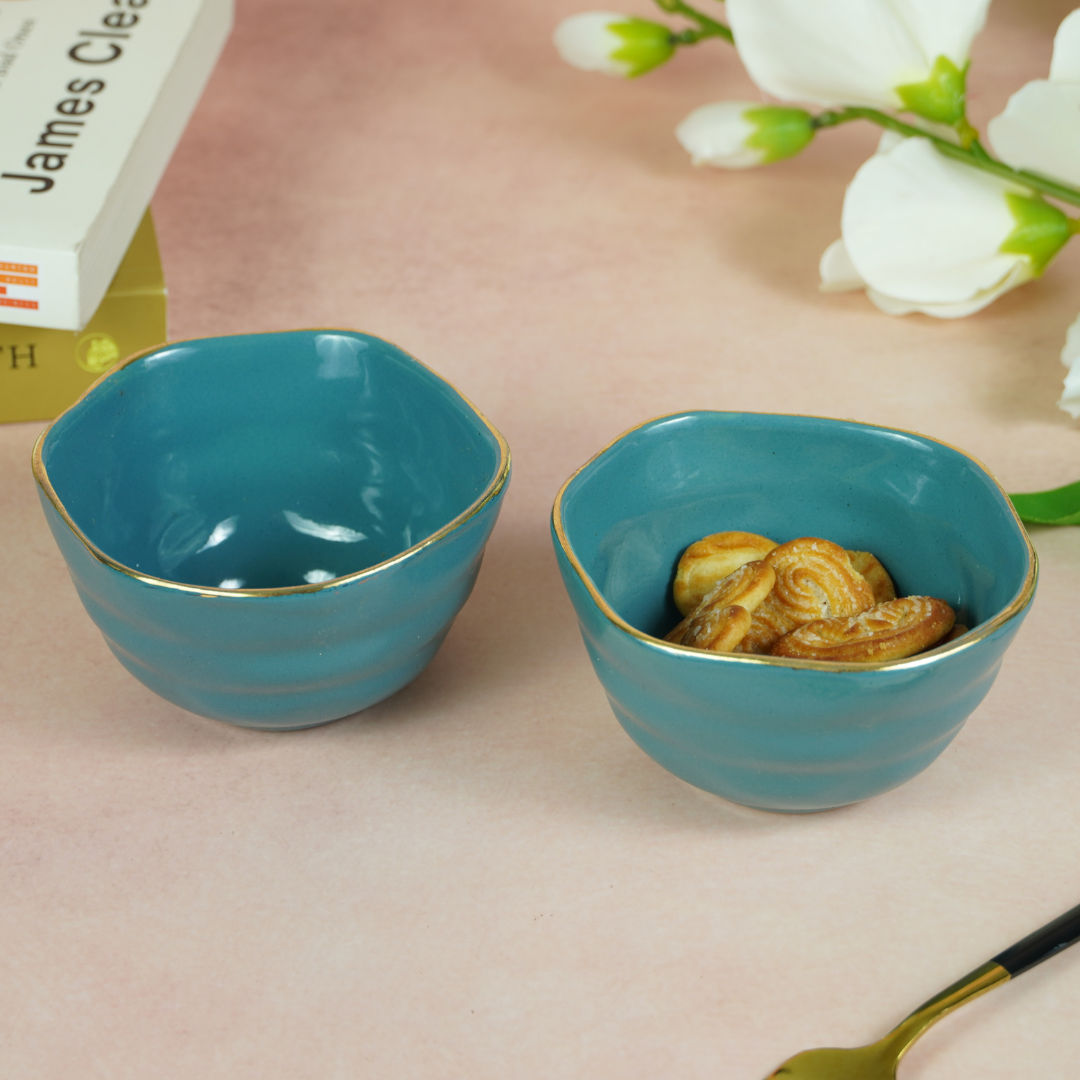 Small Blue Palette Bowl with Golden Border | Set of 2