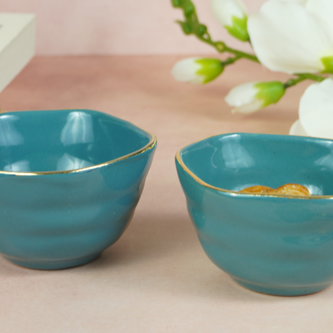 Small Blue Palette Bowl with Golden Border | Set of 2