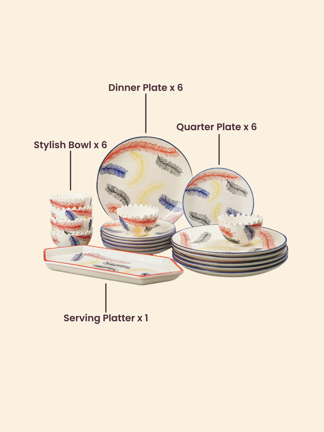 Multicolor Ceramic Dinner Set - Set of 19