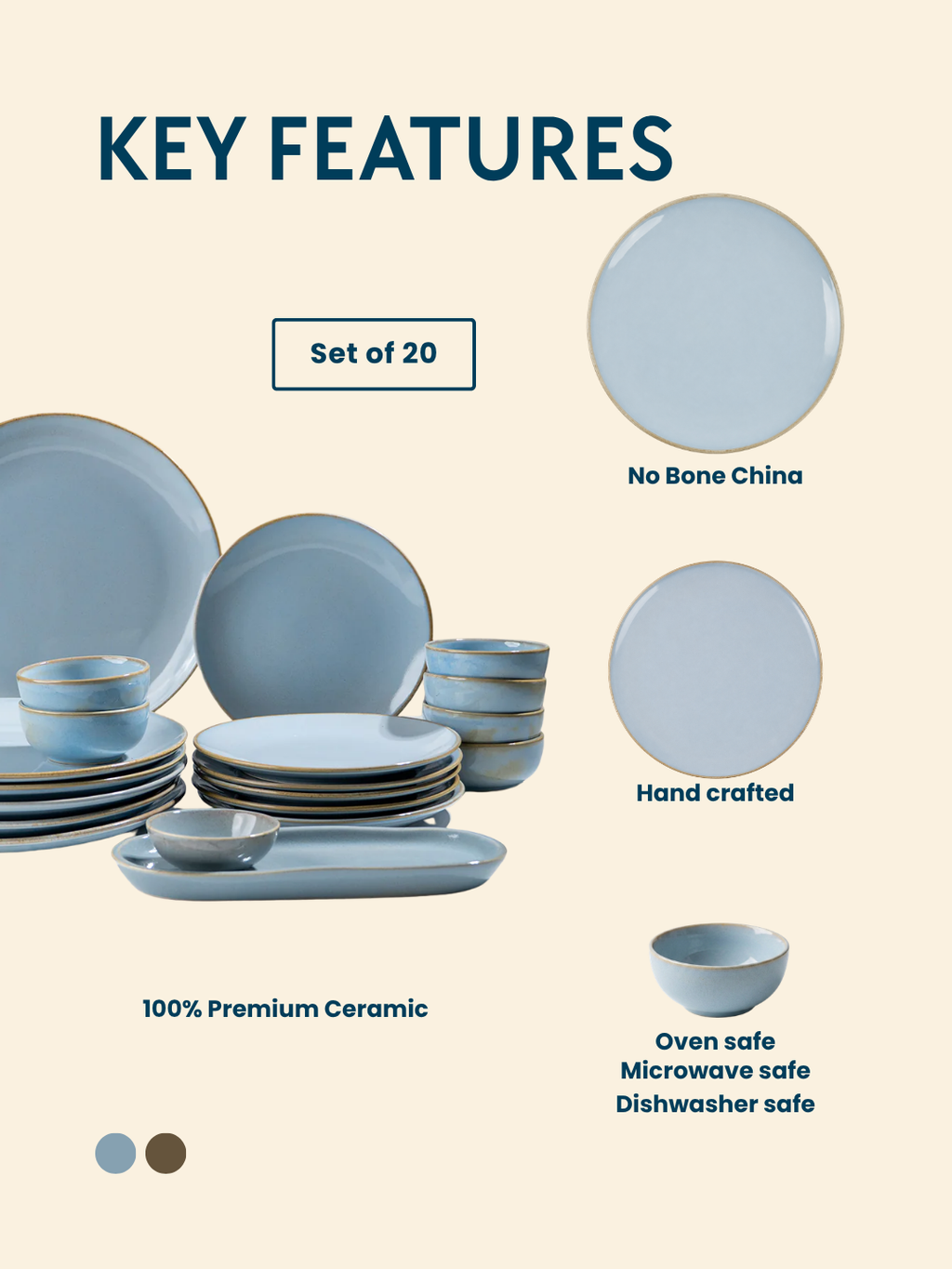 Light Blue Ceramic Dinner Set with Rustic Gold Rim Finish - Set of 20