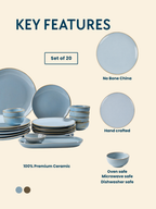 Light Blue Ceramic Dinner Set with Rustic Gold Rim Finish - Set of 20