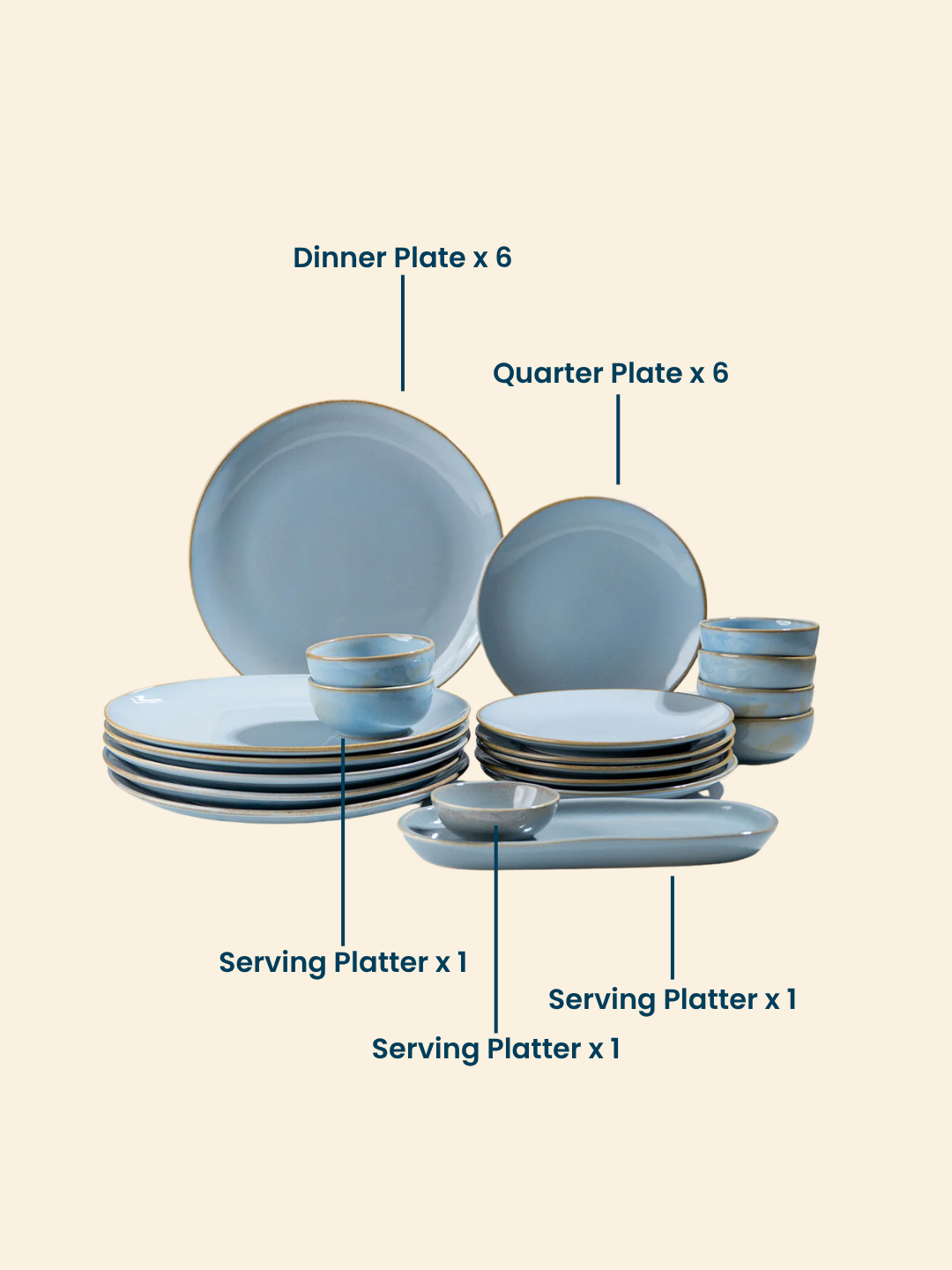 Light Blue Ceramic Dinner Set with Rustic Gold Rim Finish - Set of 20