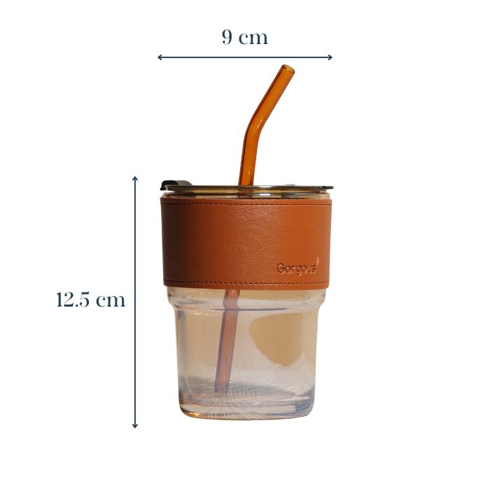 Glass Tumbler with Leather Sleeve - Orange Straw