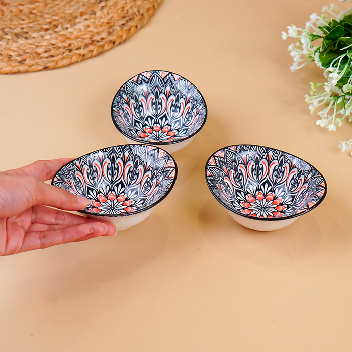 Black & Red Floral Long Ceramic Bowls Set of 3