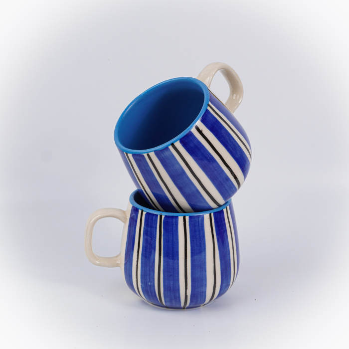 Blue and White Striped Ceramic Mug