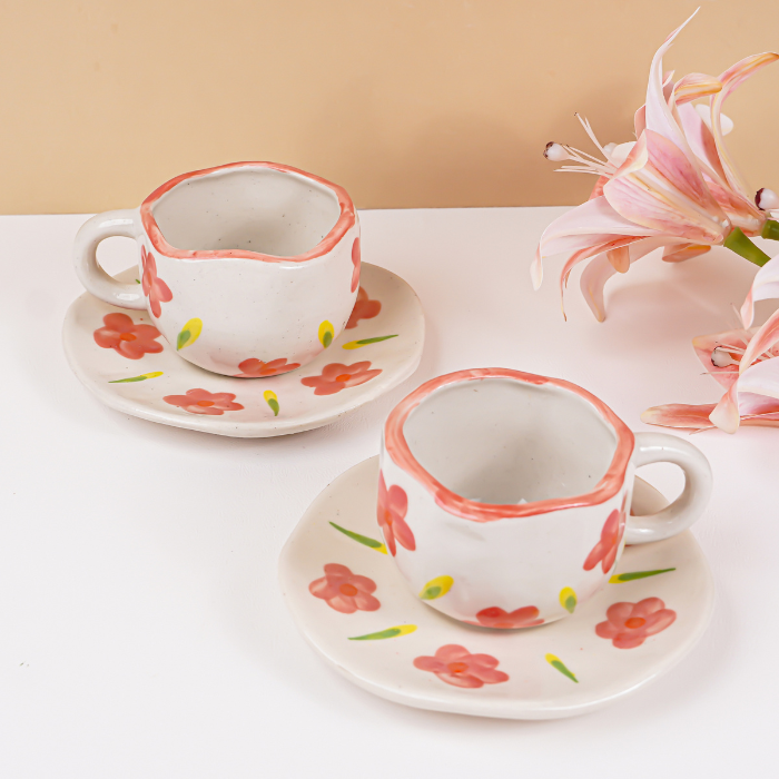 Hand-Painted Floral Ceramic Cup and Saucer Set