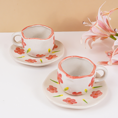 Hand-Painted Floral Ceramic Cup and Saucer Set