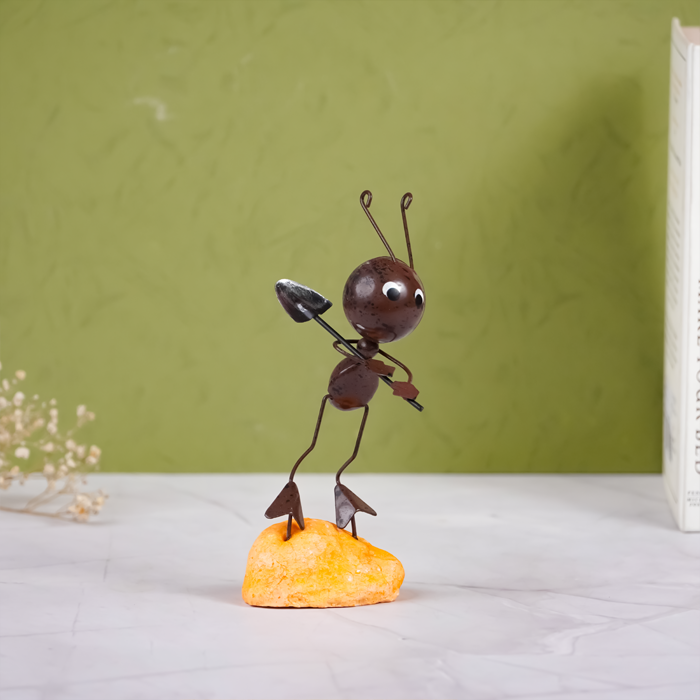 Handcrafted Metal Ant Figurines with Crystal Leaf - Set of 2