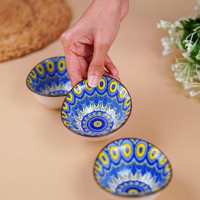 Yellow & Blue Sunburst Long Ceramic Bowls Set of 3