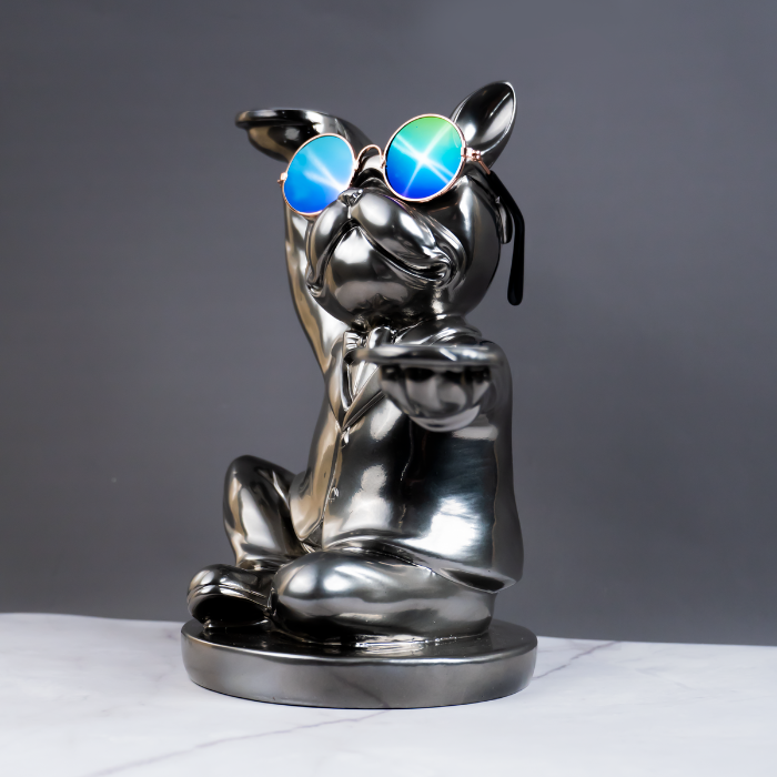 Silver Dog Figurine with Plate & Clock