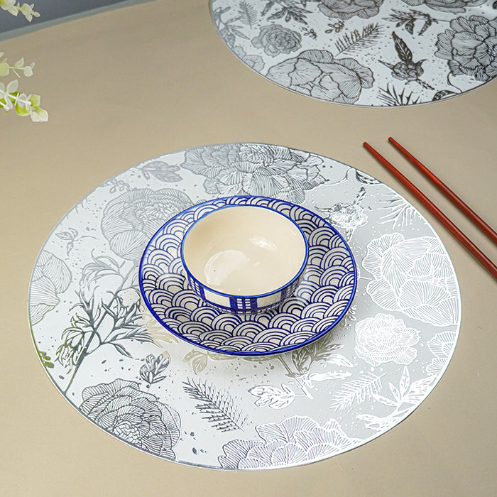 White Round Table Mat with Silver Floral Illustration