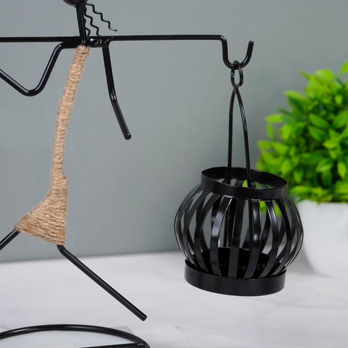 Black Metal Balance Sculpture with Rope Detail - Unique Lantern Design