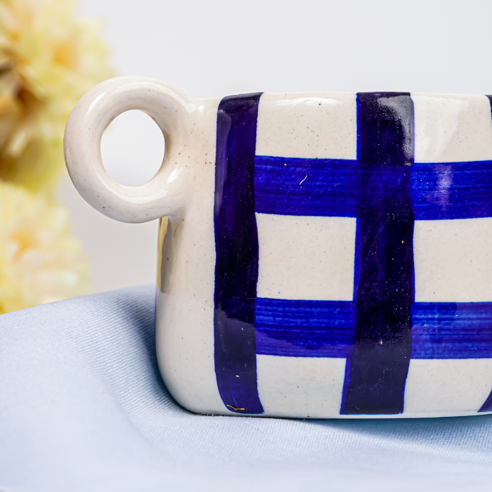 Blue and White Checkered Ceramic Mugs