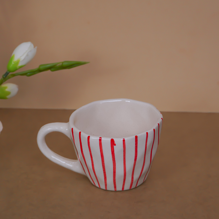 White Ceramic Cup with Hand-Painted Red Stripes