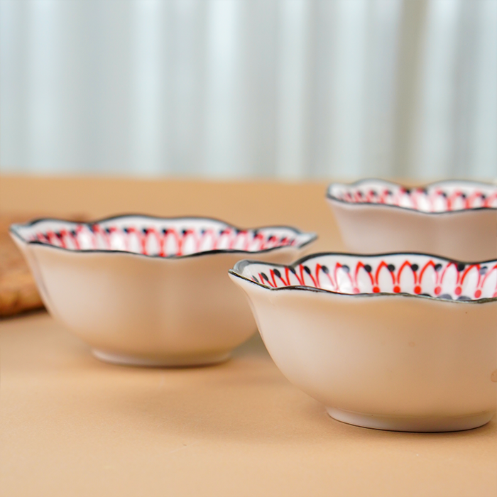 Red & Black Floral Scallop-Edge Ceramic Bowls - Set of 6